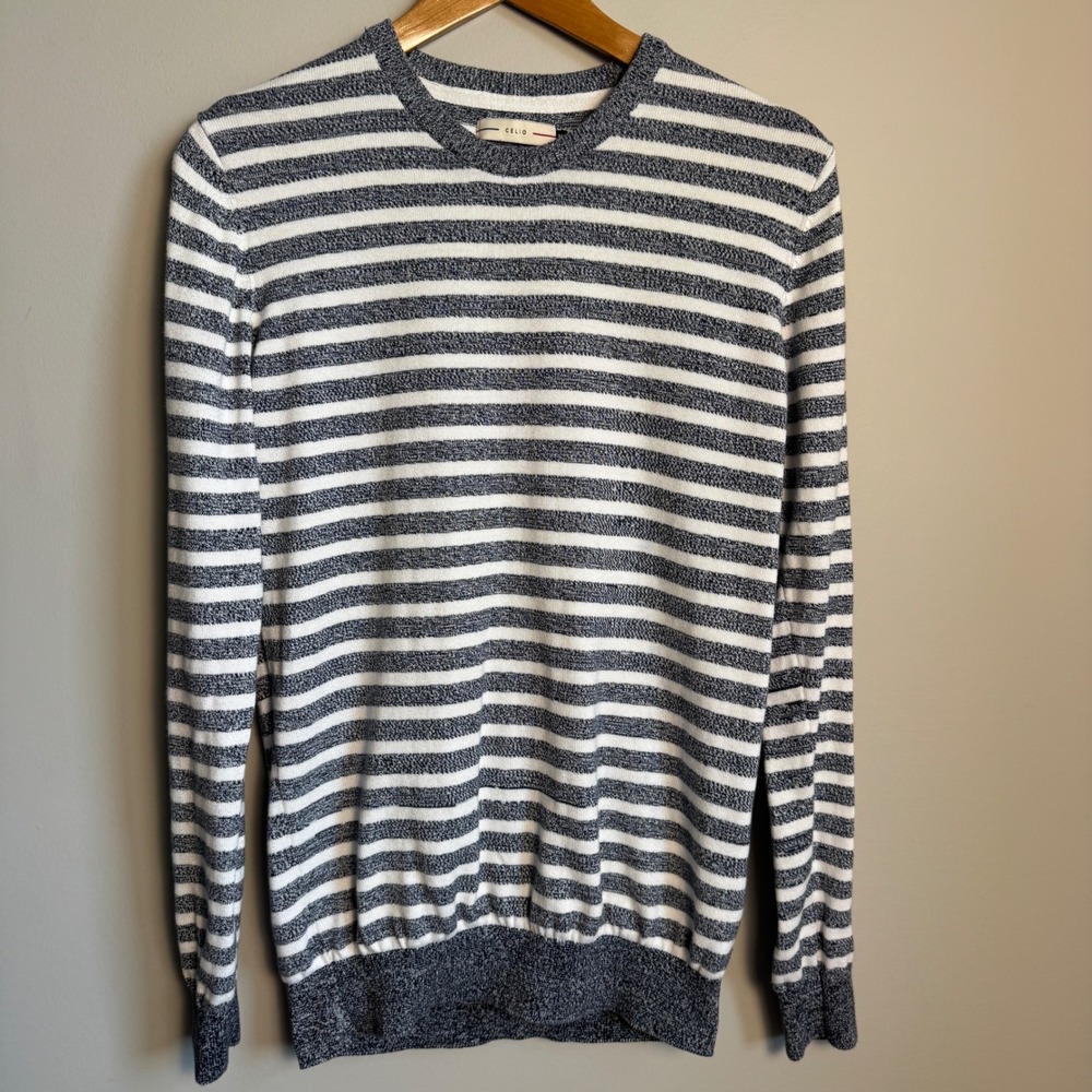 Celio Mens Striped Knit Sweater Navy Blue White Cotton Blend Casual Top‎ M